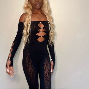 black cutout pearls decor unitard jumpsuit